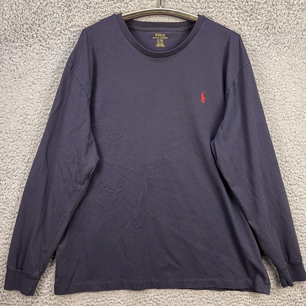 Polo Ralph Lauren T-shirt Large Crew Neck Long Sleeve Navy Blue Cotton Classic